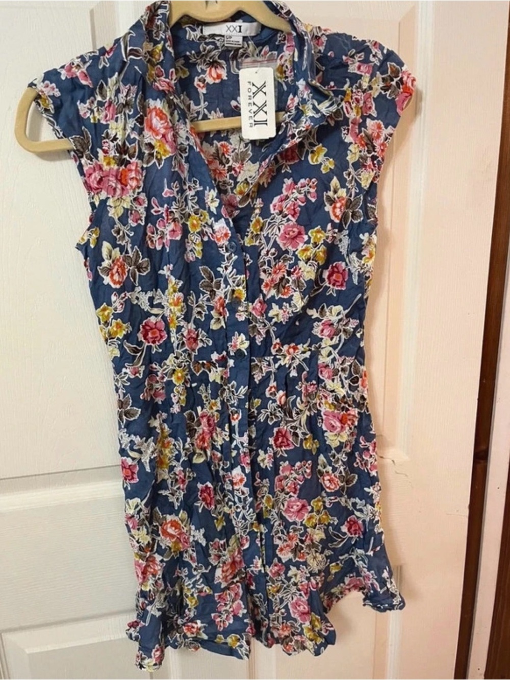 NWT Forever 21 Floral Blue Dress - Navy Blue with Pink & Yellow Flowers